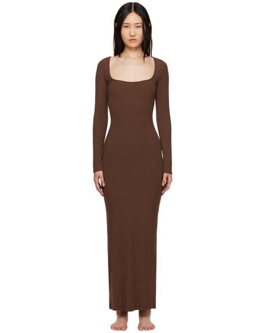 Skims Soft Lounge Long Sleeve Dress in Brown