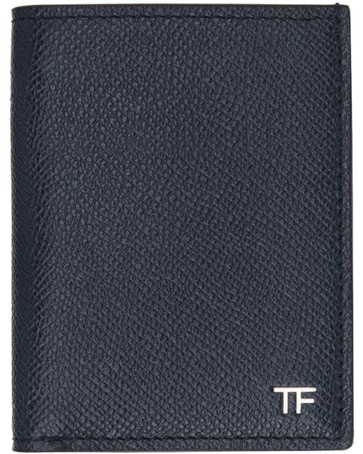 Tom Ford Blue Navy Small Grain Leather Folding Card Holder for men