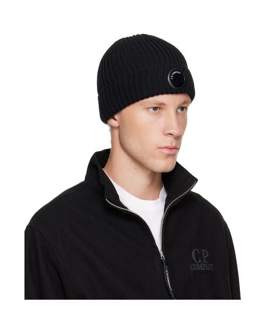 C P Company Black Extrafine Merino Wool Lens Beanie for men