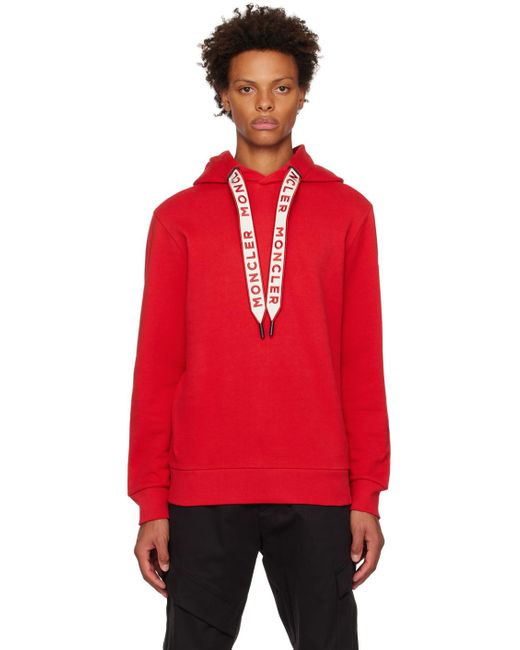 Moncler Red Embroidered Drawstring Hoodie for men