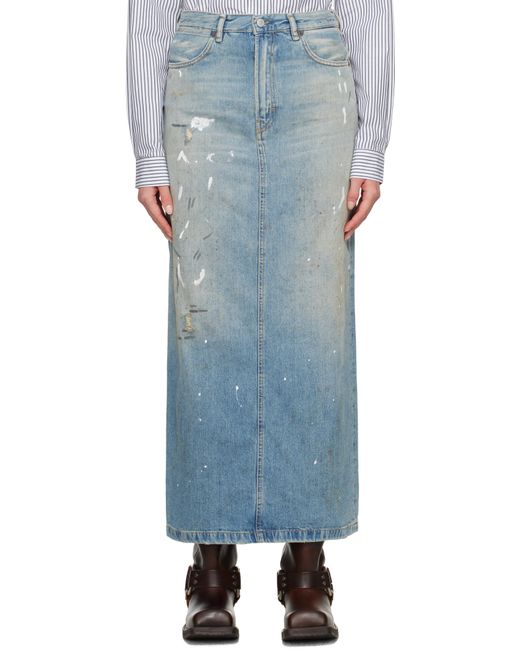 Acne Blue Paint Splatter Denim Midi Skirt