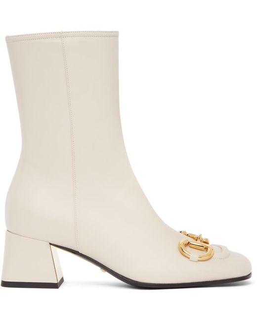 Gucci White Off- Horsebit Mid Heel Ankle Boots