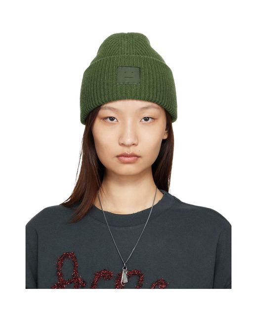 Acne Green Face Logo Beanie