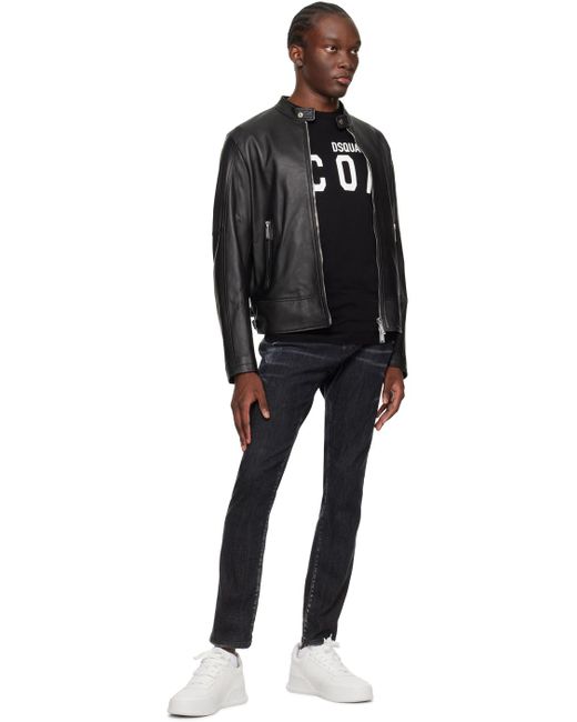 DSquared² Black Dsqua2 Band Collar Leather Biker Jacket for men
