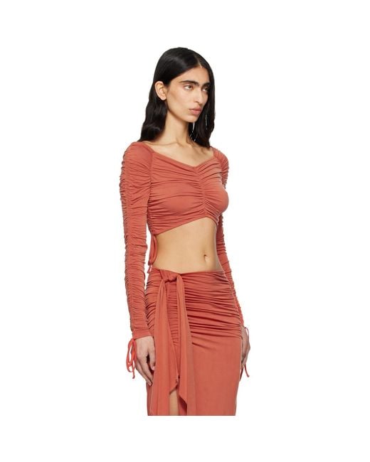 Balmain Red Ls Cropped Draped Jersey Top