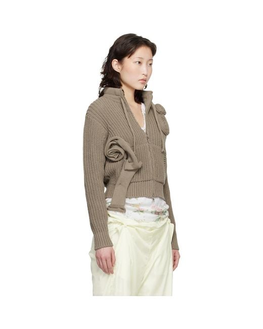 OPEN YY Green Taupe Applique Knit Zipup Sweater