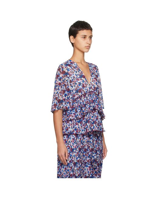 Ganni Blue Multicolor Pleated Blouse
