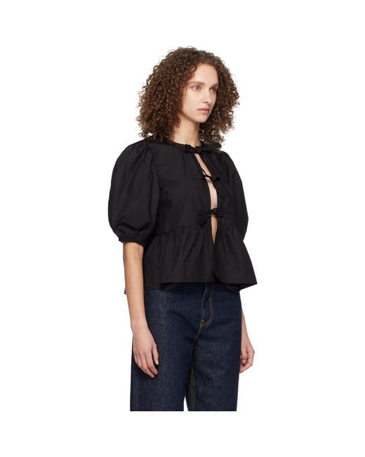 Ganni Black Cotton Poplin Peplum Tie Blouse