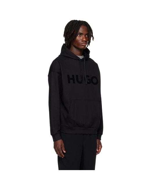 HUGO Black Oversize-Fit Cotton Terry Logo Hoodie for men
