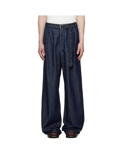 Dries Van Noten Blue Belted Pleat Jeans for men