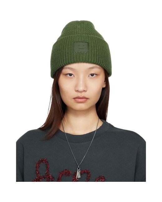 Acne Green Face Logo Beanie