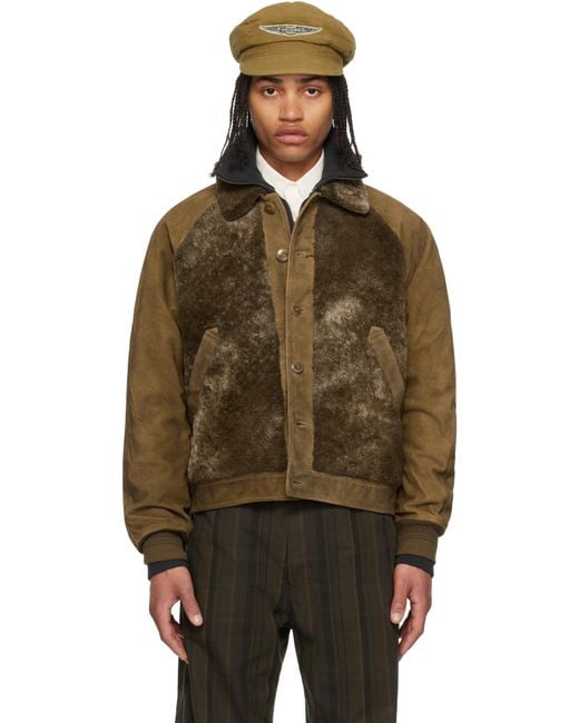 RRL Brown Paneled Roughout Suede Shearling Jacket for men
