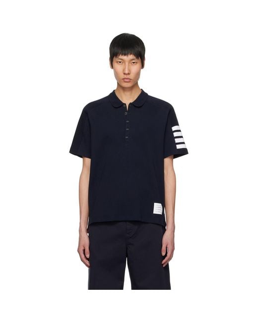 Thom Browne Blue Cotton 4-Bar Short Sleeve Polo for men