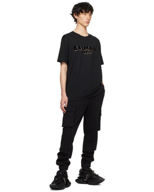 メンズ Balmain メタリック フロックロゴ Tシャツ Black