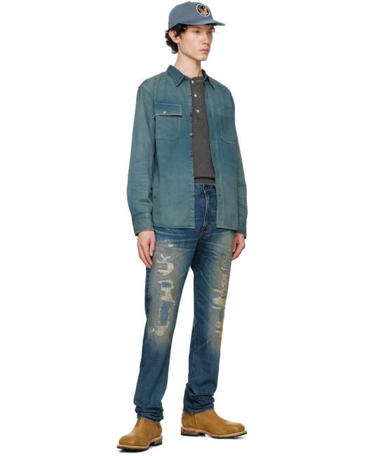 メンズ RRL ブルー ガーメントダイ ヘリンボーン ツイル シャツ ブルー