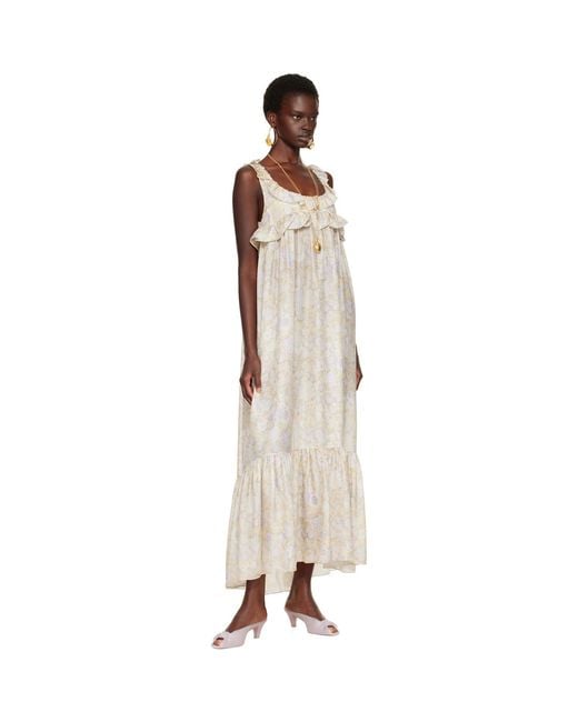 Chloé Natural Painted Flowers Print Silk Charmeuse Maxi Dress