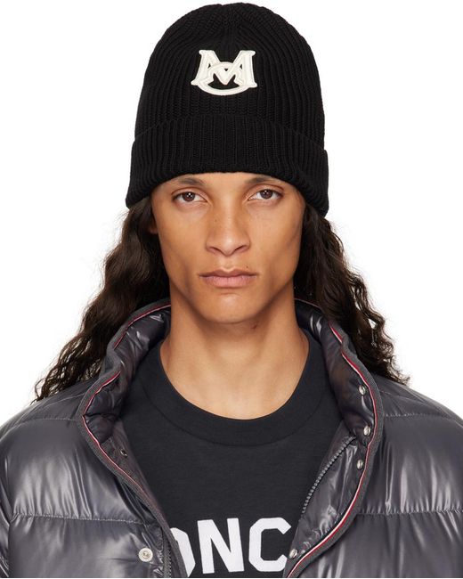 Moncler Black Embroidered Monogram Beanie for men