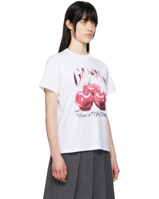 Ganni White Basic Jersey Cherry Relaxed T-Shirt
