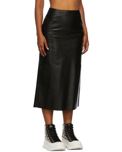 Alexander McQueen Black Leather Midi Skirt