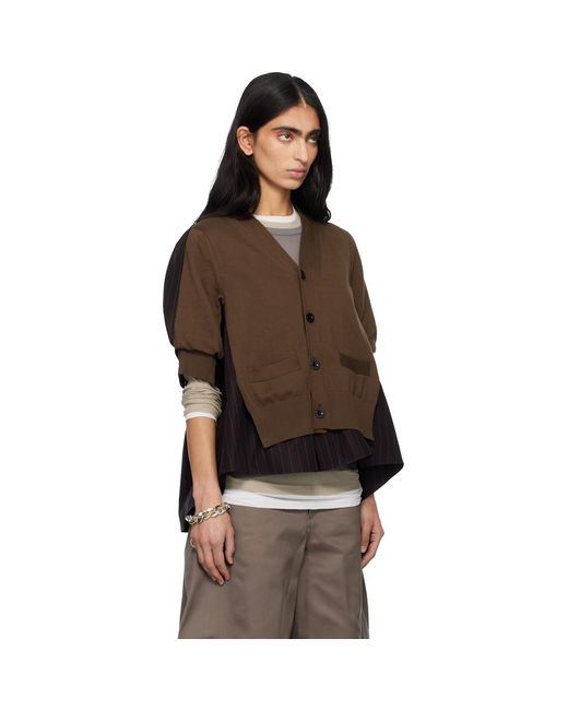 Sacai Brown Chalk Stripe & Cotton Knit Cardigan