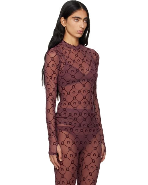 MARINE SERRE Red Burgundy Moonogram Mesh Flock T-Shirt