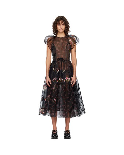 Simone Rocha Black Sheer Puff Sleeve Patchwork Flounce Midi Dress