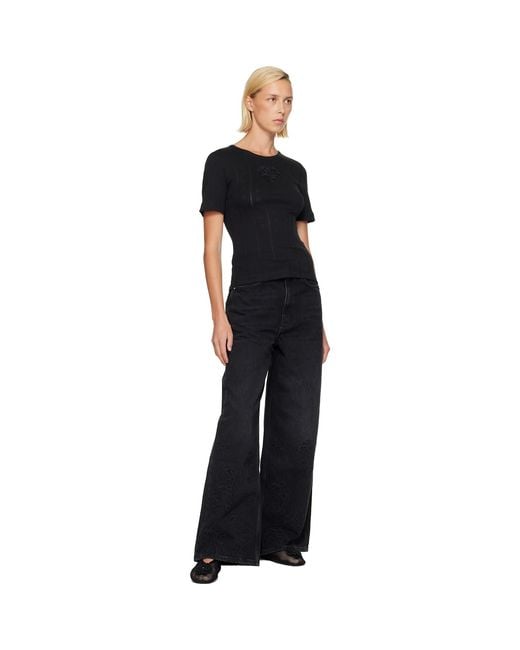 Ganni Black Pointelle Rib T-Shirt