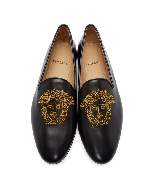 Versace Black Embroidered Medusa Loafers in Black for Men - Lyst