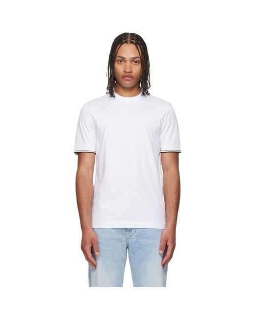 Boss White Cotton-Jersey Signature-Stripe Cuffs T-Shirt for men