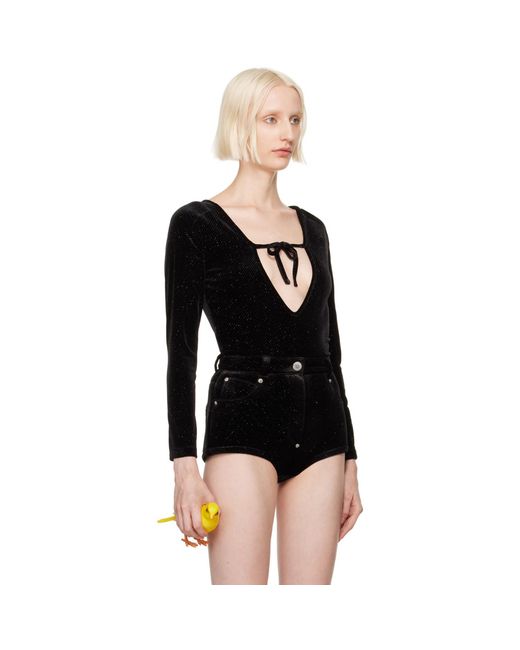 Pushbutton Black Front Self Tie Bodysuit