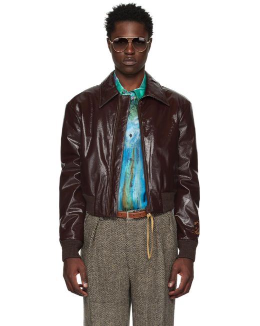 Acne Black Brown Embroidered Leather Bomber Jacket for men