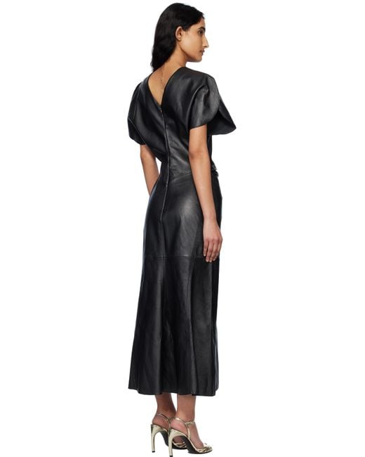 Victoria Beckham Black Gathered Waist Leather Midi Dress