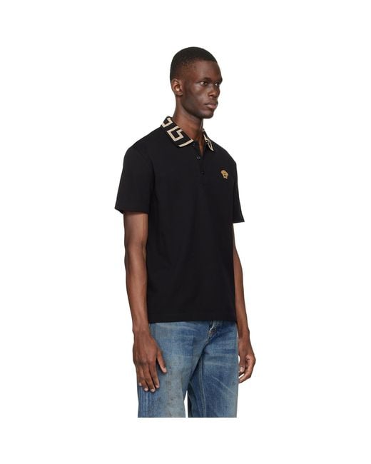 Versace Black Embroidered Cotton Piqué Polo for men