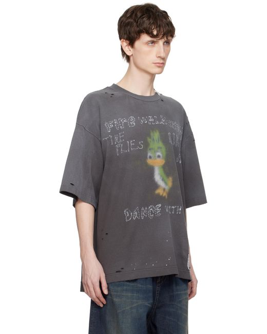 メンズ Maison Mihara Yasuhiro ブラック Leon プリント ディストレス Tシャツ Gray
