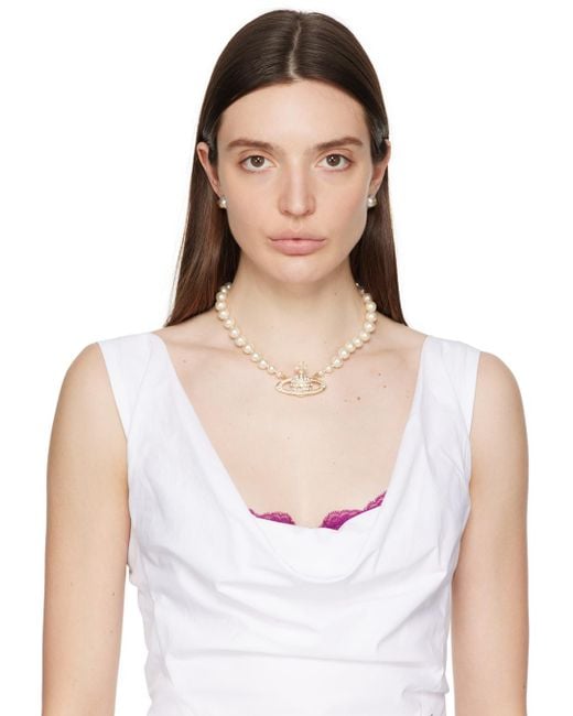 Vivienne Westwood Metallic White & Gold One Row Pearl Bas Relief Choker