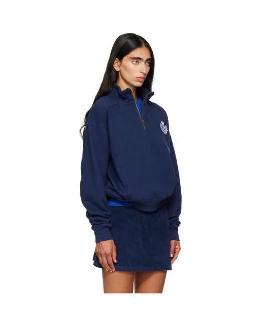 Sporty & Rich Blue Ny Crest Embroidered Quarter Zip Sweatshirt
