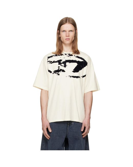 DIESEL White Off- Distressed Flocked Logo T-Shirt for men