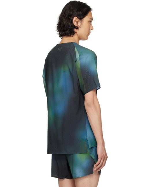 メンズ Y-3 グリーン Allover Print Running 半袖Tシャツ Blue