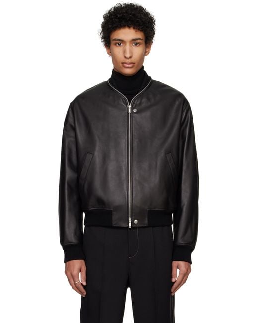 Jil Sander Black Zip Up Leather Bomber Jacket for men