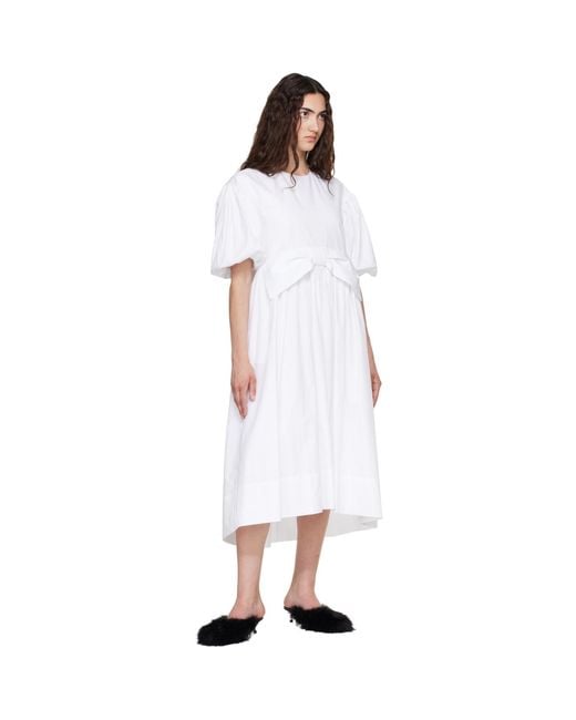 Simone Rocha White Puff Sleeve Gathered Bow Smock Midi Dress
