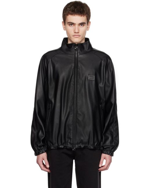 HUGO Black Stand Collar Faux-leather Jacket for men