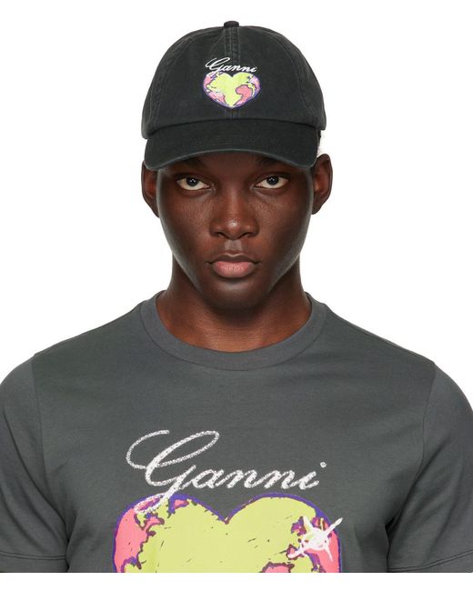 Ganni Black Graphic Cap for men