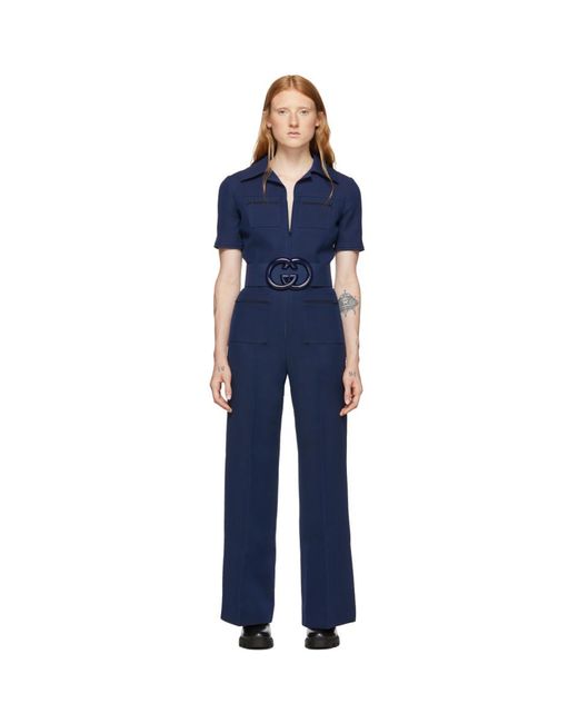 Gucci Blue Navy Belted Short Sleeve Jumpsuit