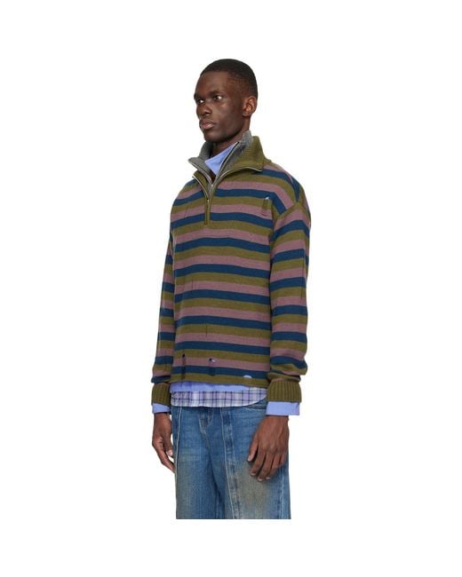ANDERSSON BELL Black Double Layered Stripe Half Zip-Up Sweater for men