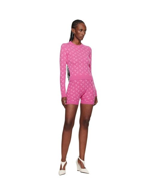 MARINE SERRE Pink Moon Jacquard Knit Fitted Crewneck Sweater