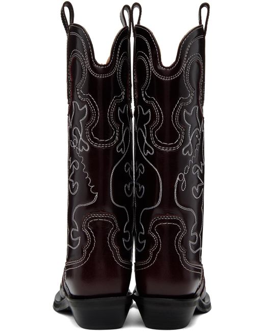 Ganni Brown Mid Shaft Embroidered Leather Western Boots