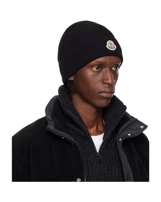 Moncler Black Logo Cotton Beanie for men