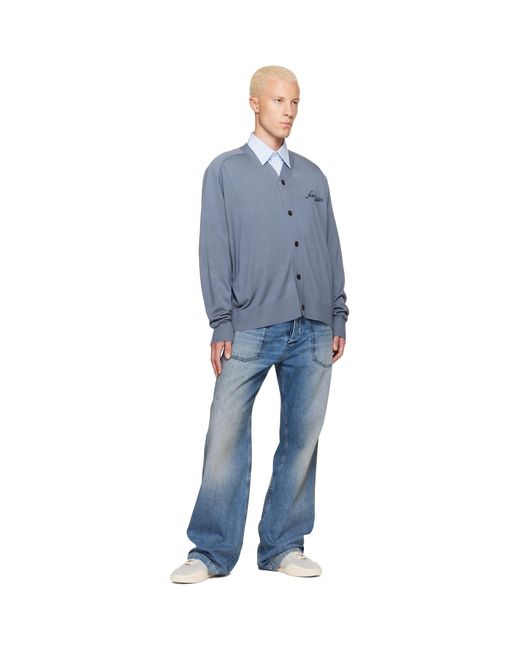 Acne Blue Silk V-Neck Cardigan for men