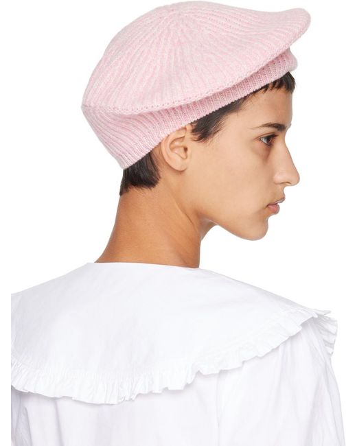 Ganni White Pink Wool Rib Knit Beret