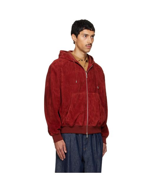 Ferragamo Red Burgundy Suede Blouson Hoodie for men